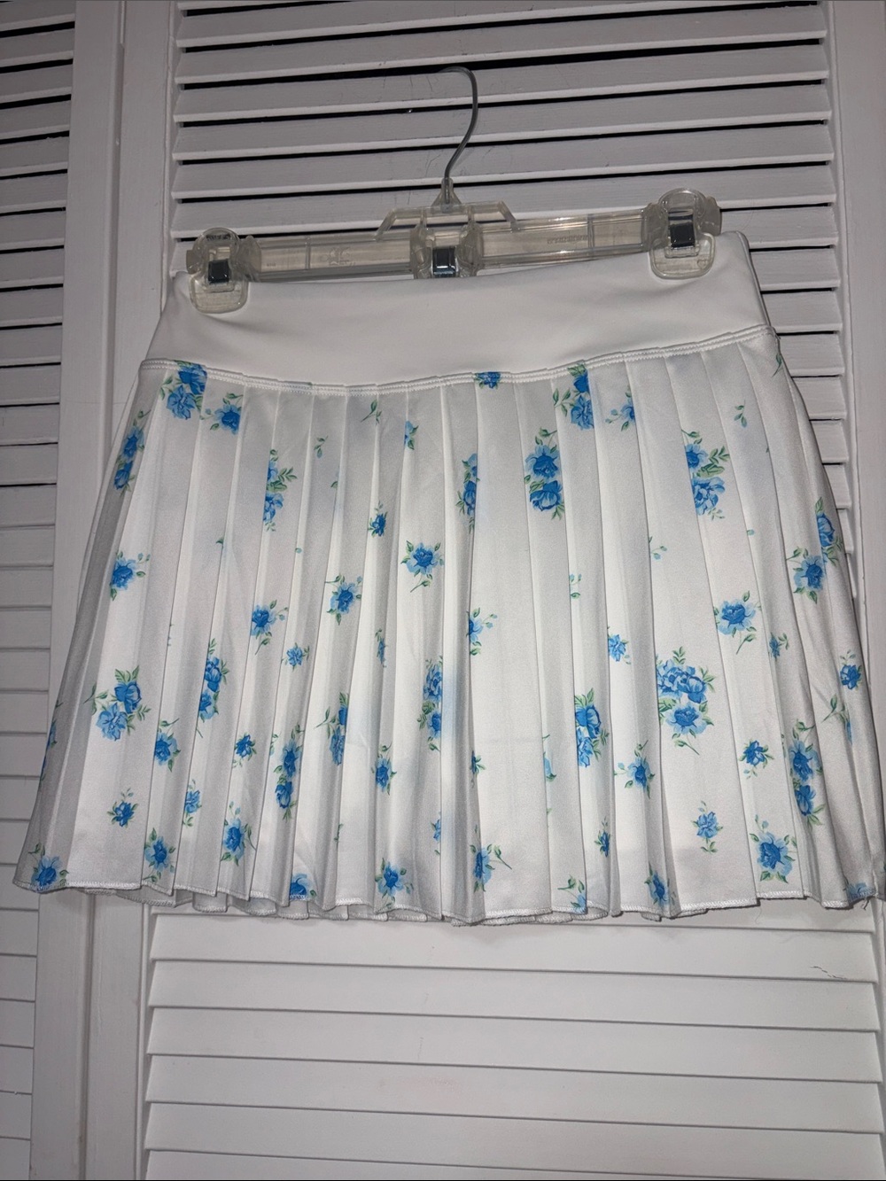 White Floral Pleated Skater Skirt with Blue Roses